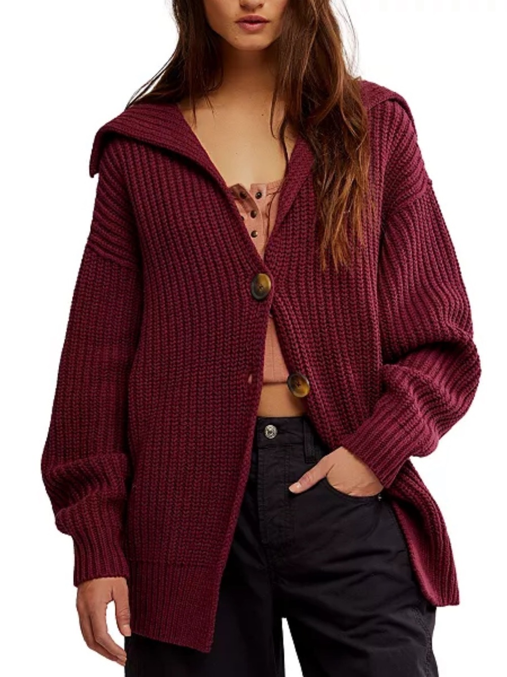 Free People Burgundy Women's Swim Too Deep Long Sleeve Cardi Sweater